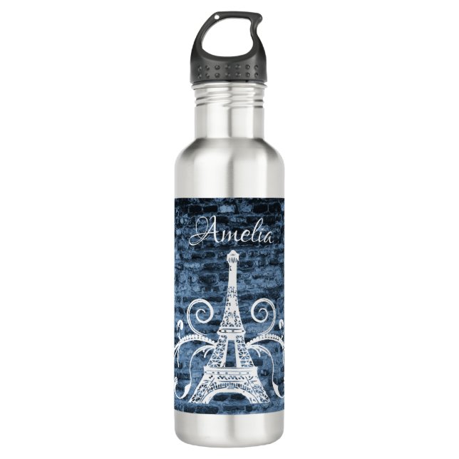 Blue Eiffel Tower Grunge Water Bottle (Front)