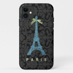 Blue Eiffel Tower in faux glitter iPhone 11 Case
