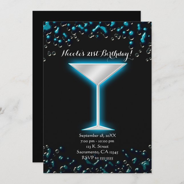 Blue Electric Glowing Martini Drink Birthday Party Invitation (Front/Back)