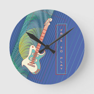 Blue Electric Guitar Moiré Retro Trippy Name Round Clock