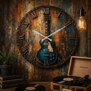 Blue Electric Guitar Rustic Vintage Art Decor Large Clock