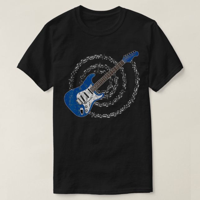 Blue Electric Guitar Spiralling Musical Notes  T-Shirt (Design Front)