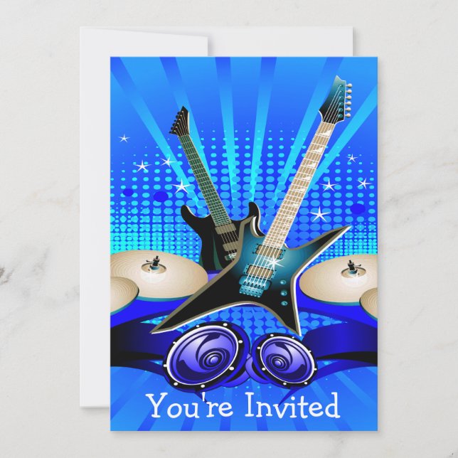 Blue Electric Guitars, Drums & Speakers Grad Party Invitation (Front)