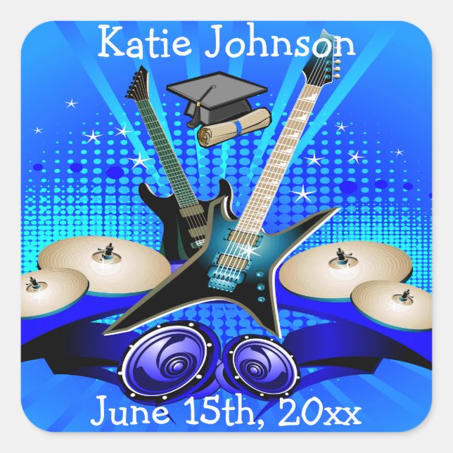 Blue Electric Guitars, Drums & Speakers Grad Party Square Sticker (Front)