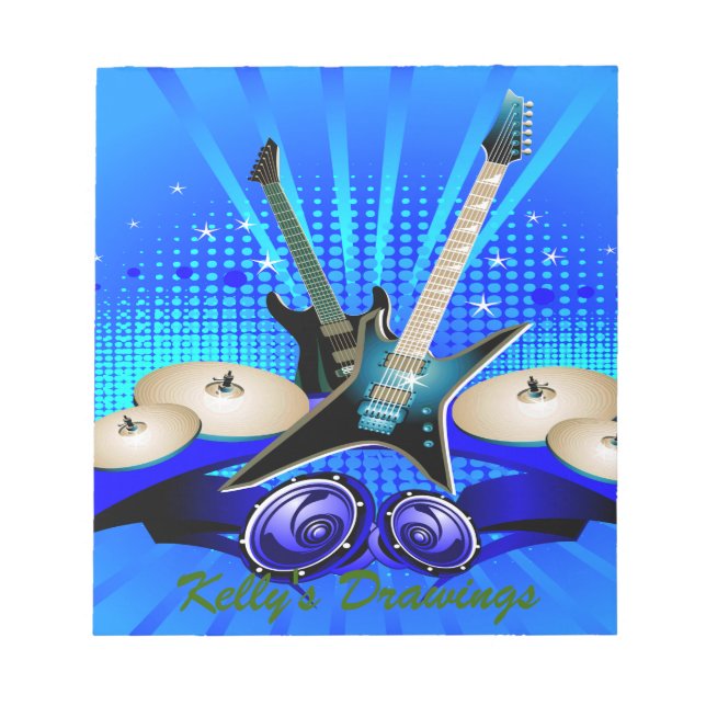 Blue Electric Guitars, Drums & Speakers Notepad (Front)