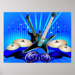 Blue Electric Guitars, Drums & Speakers Poster