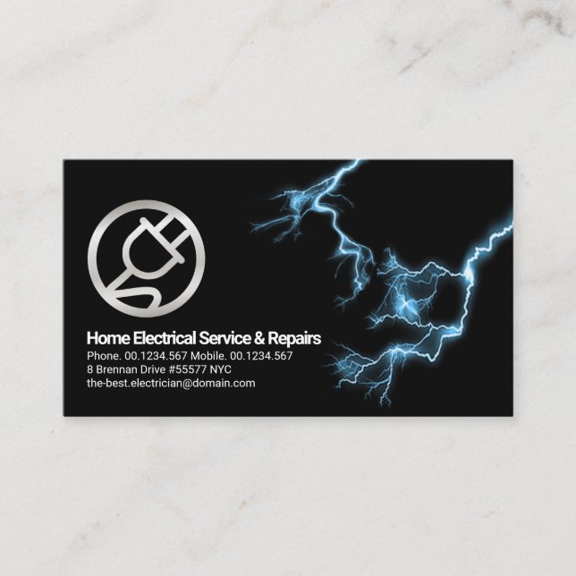 Blue Electric Lightning Strike Silver Power Plug Business Card (Front)