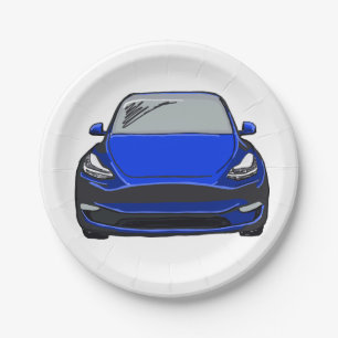 Blue Electric Vehicle SUV Car Drawing Paper Plate