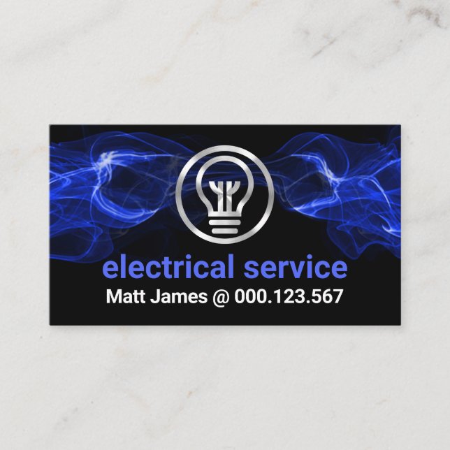 Blue Electrical Lightning Silver Bulb Business Card (Front)