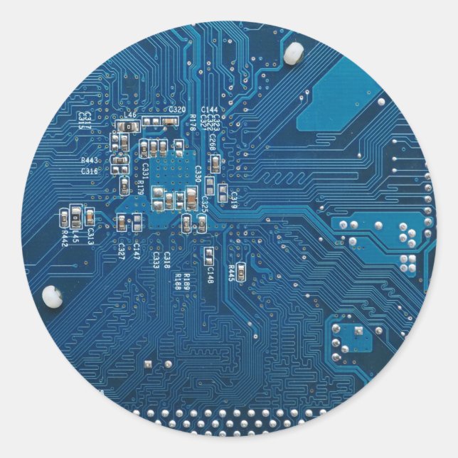 blue electronic circuit board computer pattern classic round sticker (Front)