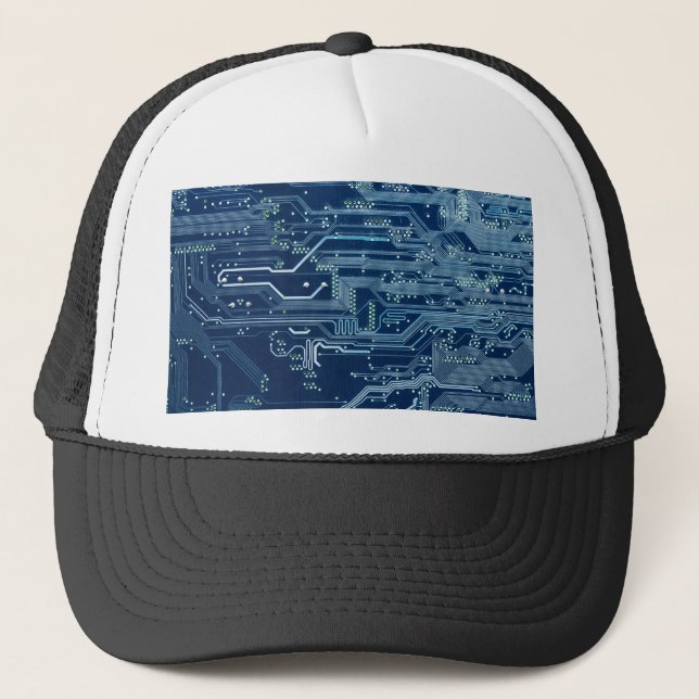 blue electronic circuit board computer pattern trucker hat (Front)