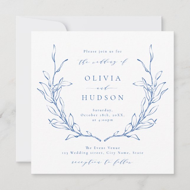 Blue elegance botanical wreath rustic wedding invitation (Front)