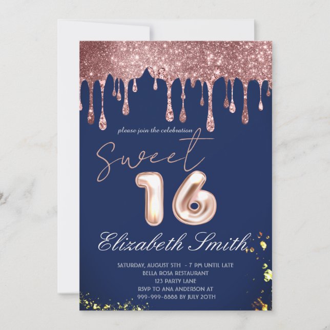 Blue Elegance,  Rose Gold Drips  Sweet Sixteen    Invitation (Front)