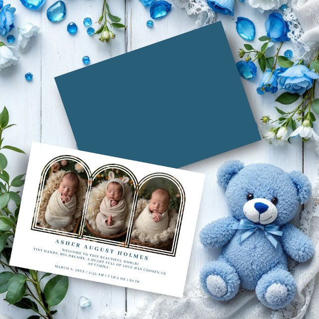 Blue Elegant 3-Photo Collage Arch Newborn  Announcement (Blue Elegant 3-Photo Collage Arch Newborn Birth Announcement Cards. )