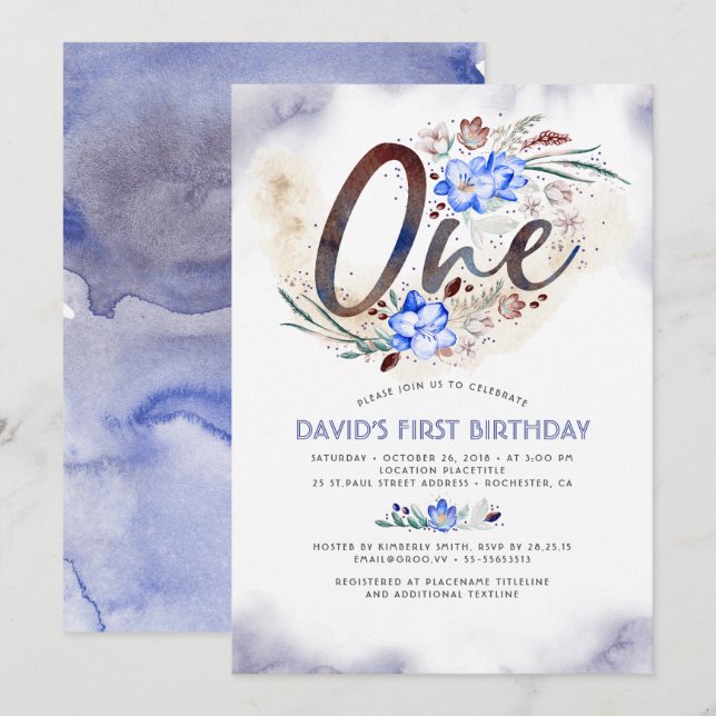 Blue Elegant | Baby Boy | 1st Birthday Party Invitation (Front/Back)