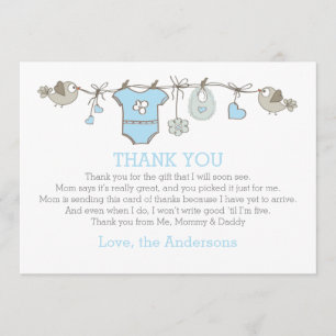 Blue elegant babyboy clothes thank you BABY SHOWER Card