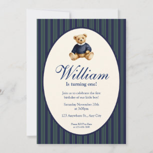 Blue Elegant Babys First Birthday Teddy Bear Invit Invitation