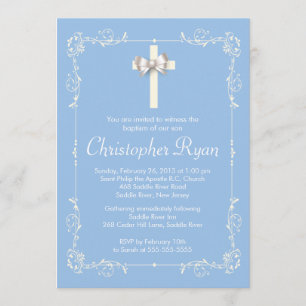 Blue Elegant Baptism Christening Elegant Cross Invitation