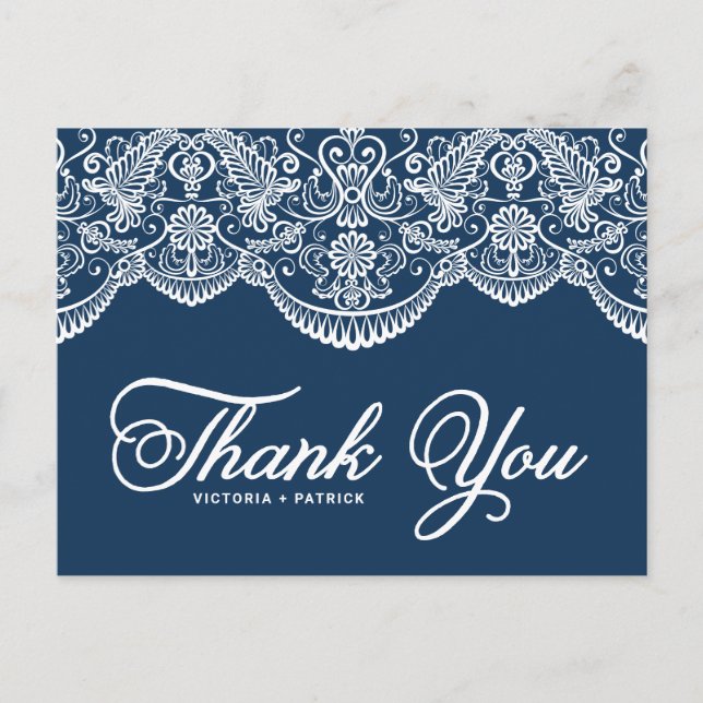Blue Elegant Botanical Brocade Lace Thank You Postcard (Front)