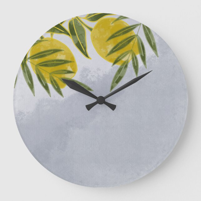 Blue Elegant Botanical Lemon  Large Clock (Front)