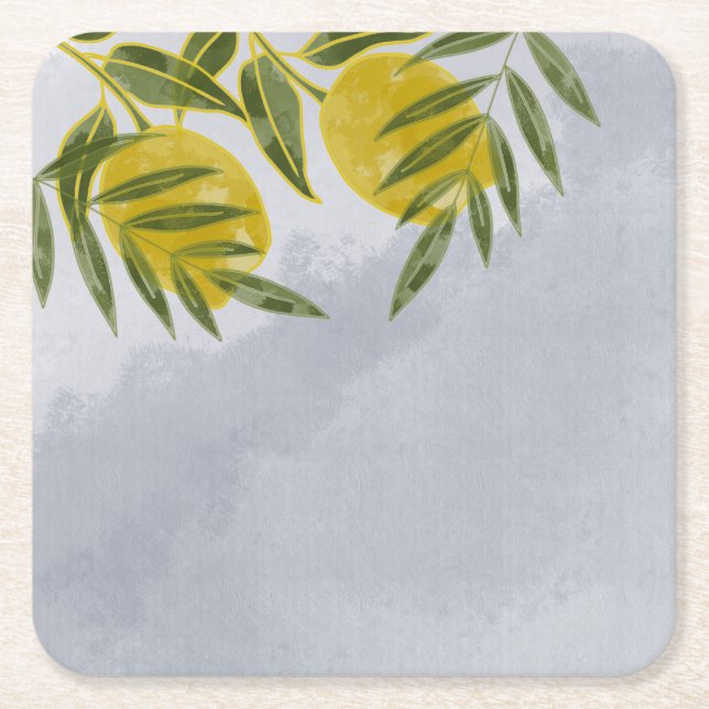 Blue Elegant Botanical Lemon   Square Paper Coaster (Front)