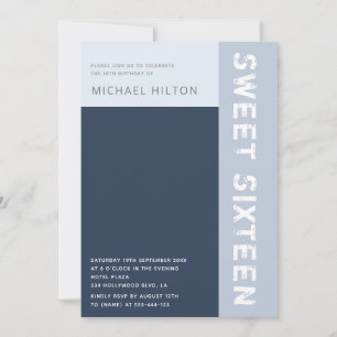 Blue elegant colour block boy sweet sixteen invit invitation