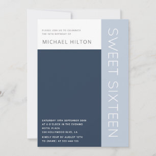 Blue elegant colour block boy sweet sixteen invitation