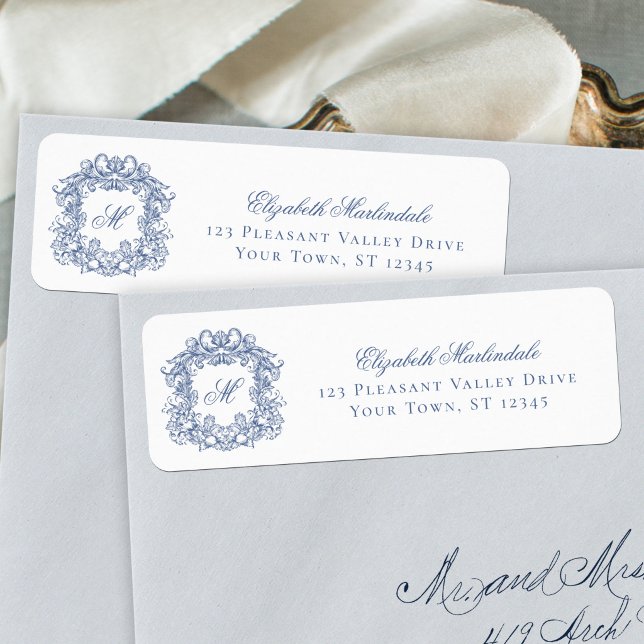 Blue Elegant Crest Monogram Wedding Return Address (Creator Uploaded)