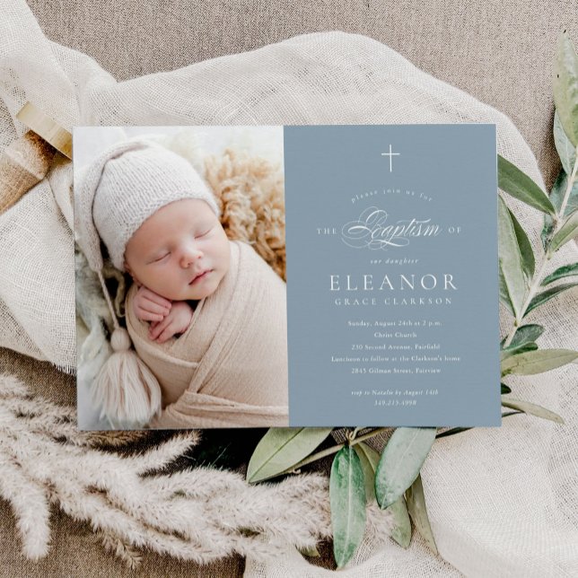 Blue Elegant Cross Calligraphy Photo Baptism Invitation (Creator Uploaded)