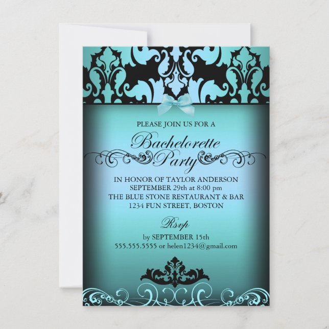 Blue Elegant Damask Bachelorette Party Invitation (Front)