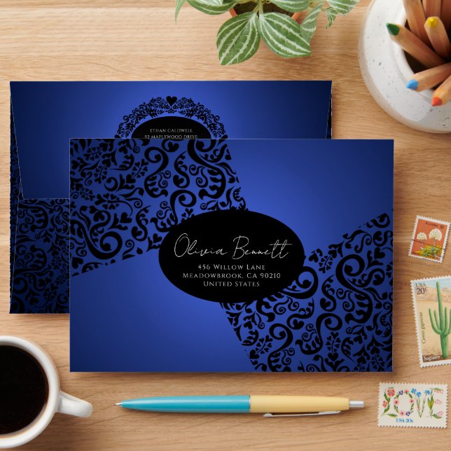Blue Elegant Damask Pattern Envelope (Desk)