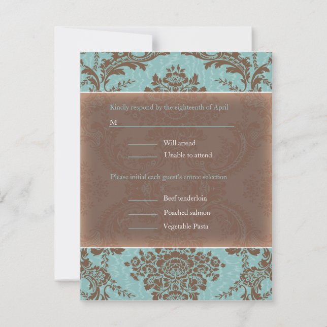Blue Elegant Damask wedding RSVP Card (Front)