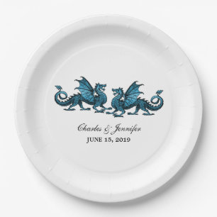 Blue Elegant Dragons Wedding Paper Plates