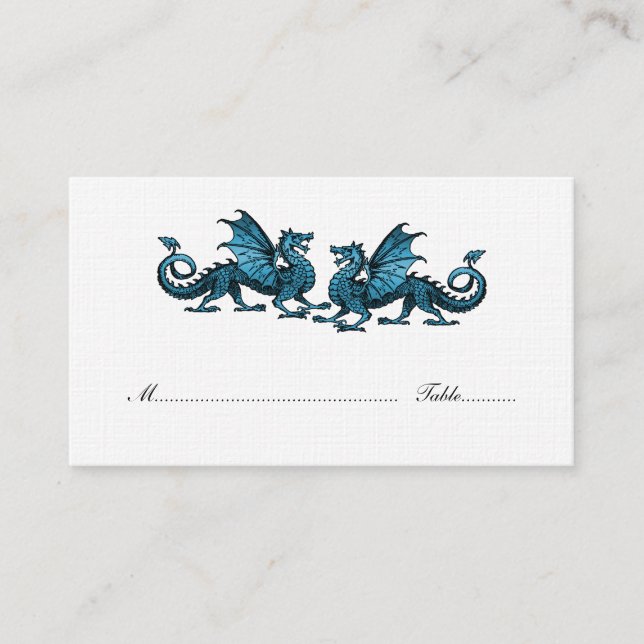 Blue Elegant Dragons Wedding Place Card (Front)