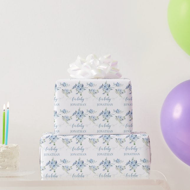 Blue elegant floral baby boy shower wrapping paper (Party Gifts)