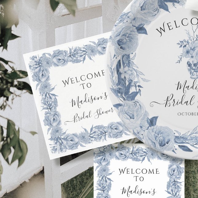 Blue Elegant Floral Chinoiserie Bridal Shower Napkin (Creator Uploaded)