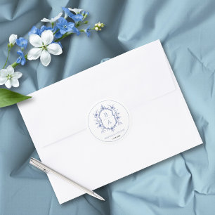 Blue elegant floral crest monogram border wedding classic round sticker
