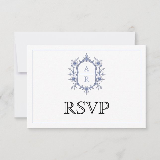 Blue elegant floral crest monogram QR code wedding RSVP Card (Front)