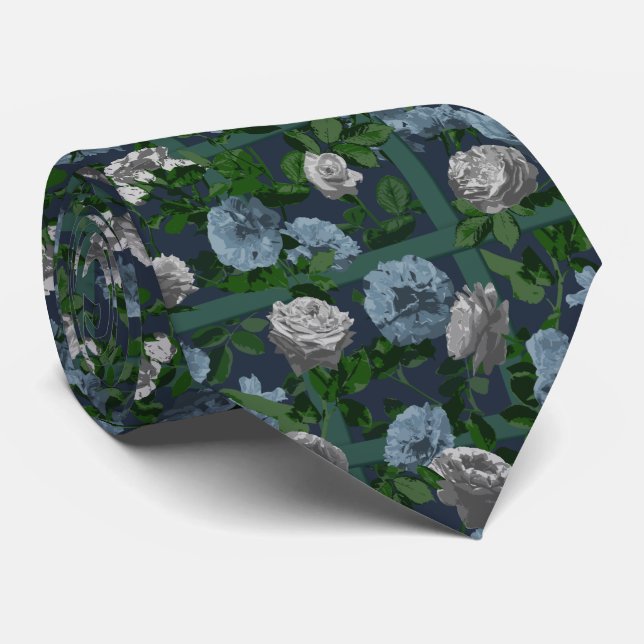 Blue Elegant Floral Roses   Tie (Rolled)