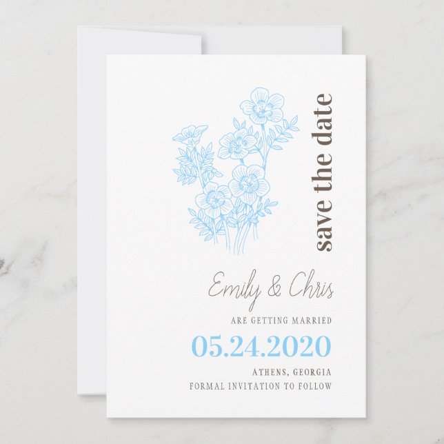 Blue elegant floral Save the Date Card (Front)