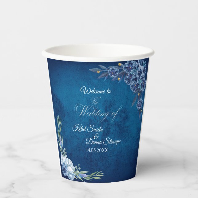 Blue Elegant floral summer wedding Paper Cups (Front)