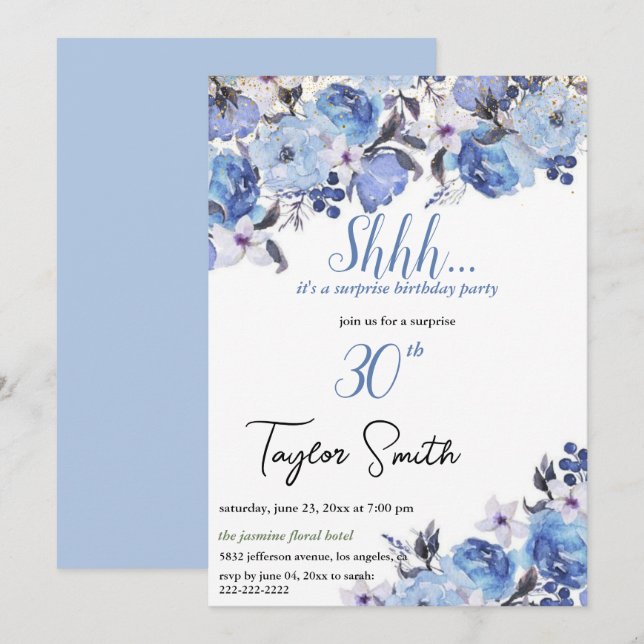 blue  elegant Floral Surprise Party Invite (Front/Back)