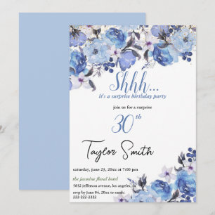 blue  elegant Floral Surprise Party Invite