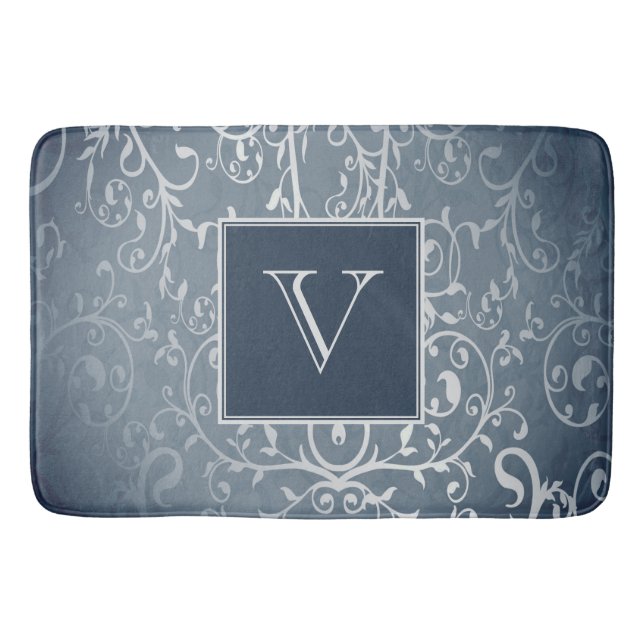 Blue Elegant Flourish Monogram Bath Mat (Front)