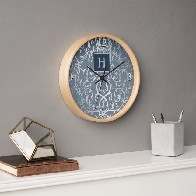 Blue Elegant Flourish Monogram Clock (Office)