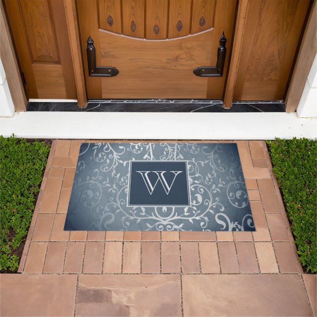 Blue Elegant Flourish Monogram Doormat (Outdoor)