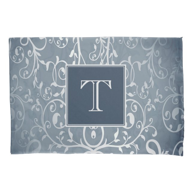 Blue Elegant Flourish Monogram Pillowcase (Front)