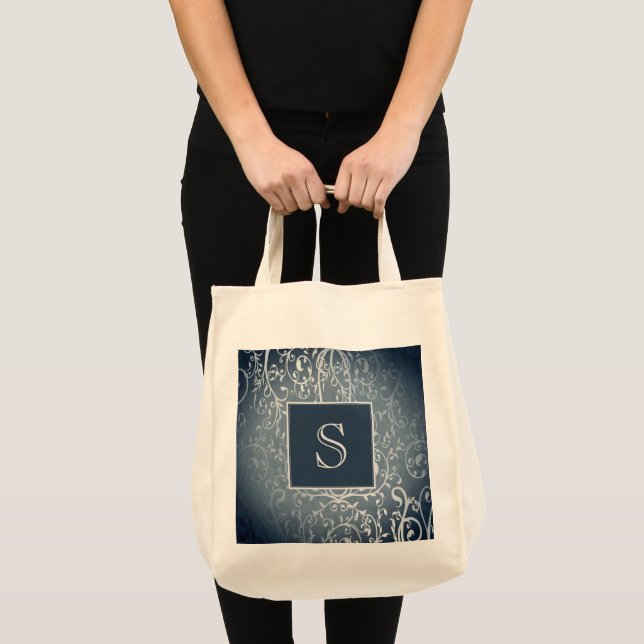 Blue Elegant Flourish Monogram Tote Bag (Front (Product))