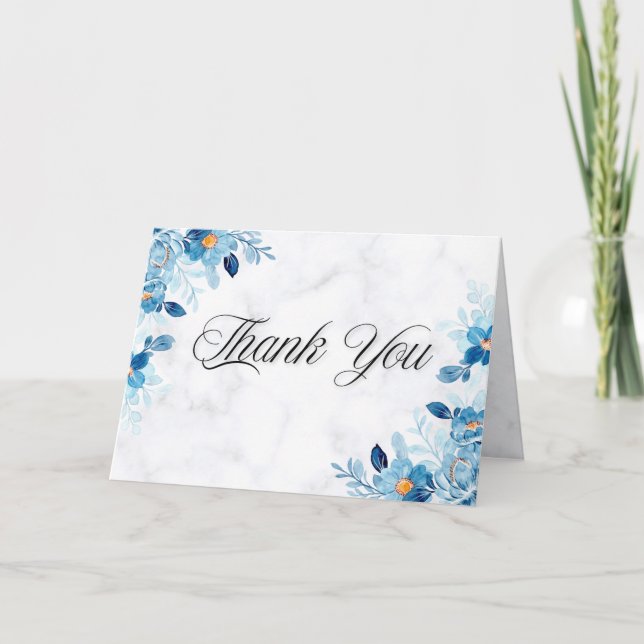 Blue Elegant flower summer wedding Thank You Card (Front)