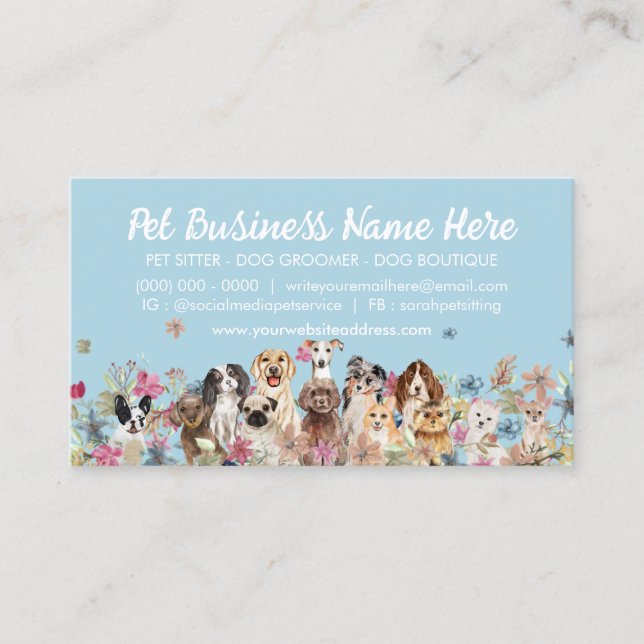 Blue Elegant Flowers Dog Groomer Pet Sitter Business Card (Front)